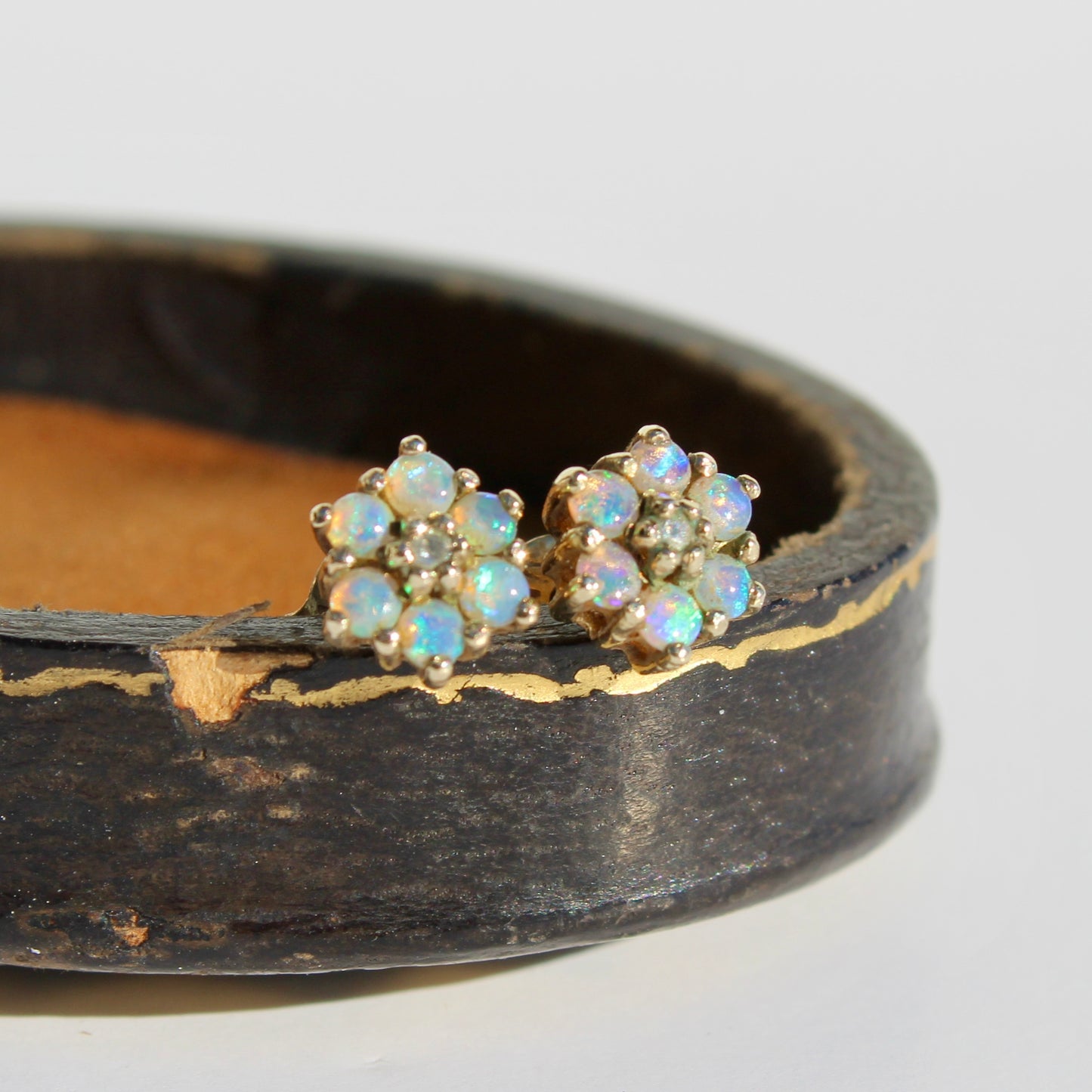 1920's Opal & Diamond Flower Earrings, 0.57 Carat 9K Gold