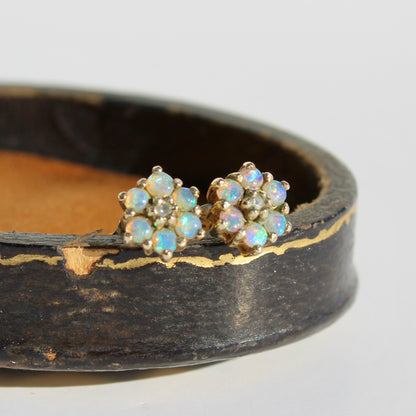 1920's Opal & Diamond Flower Earrings, 0.57 Carat 9K Gold