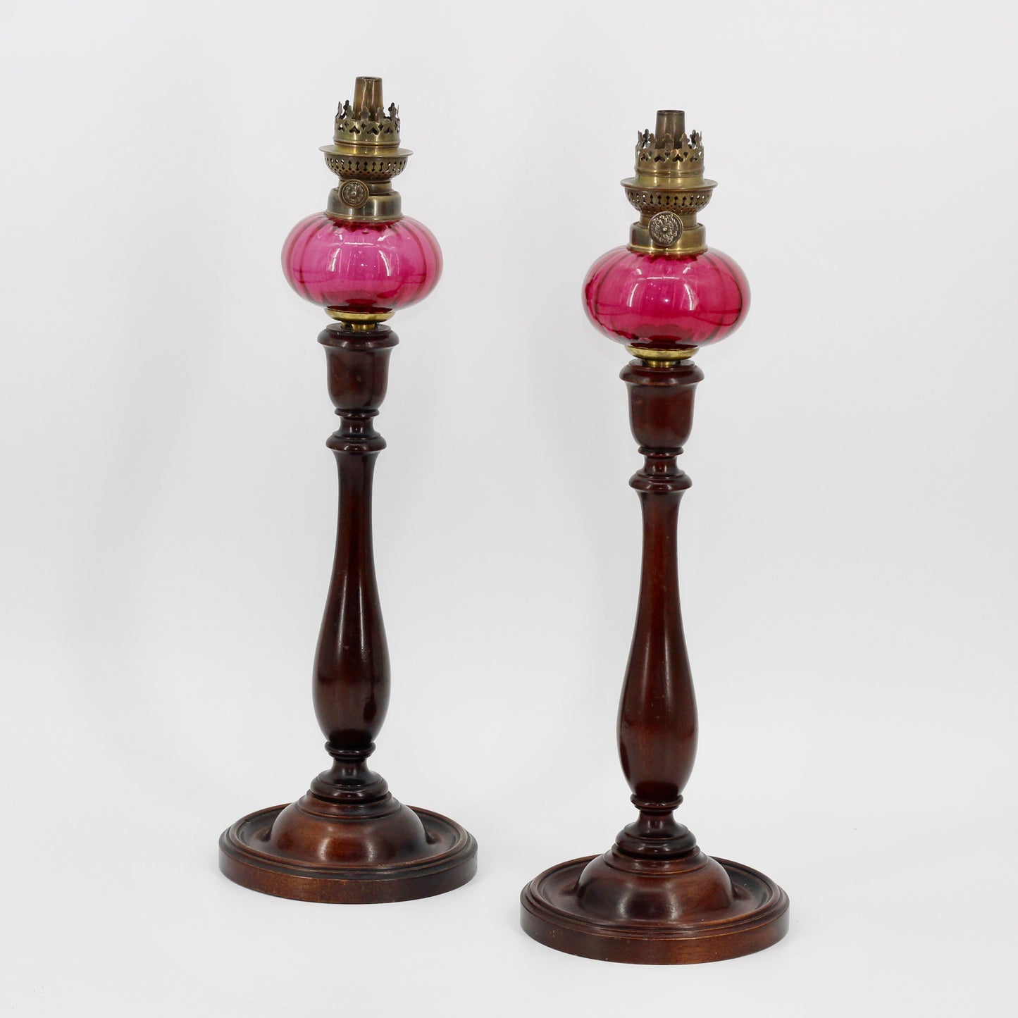Imperial Russian Red-Font Mahogany Peg Lamp Pair