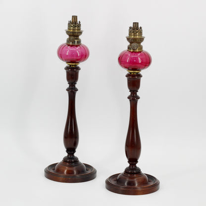 Imperial Russian Red-Font Mahogany Peg Lamp Pair