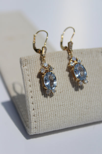 Antique Aquamarine & Diamond Drop Earrings, 3.78 Carats 14K Gold