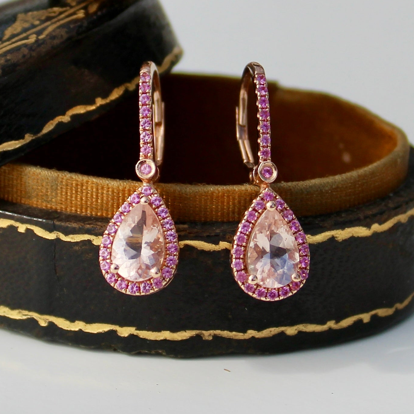 Morganite & Pink Sapphire Drop Earrings, 3.9 Carats 14K Rose Gold