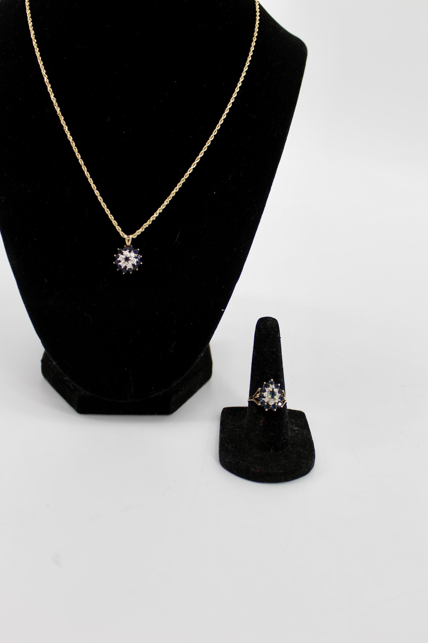 Antique Sapphire Diamond Cluster Set- Ring & Pendant, 2.25 Carats 14K Gold