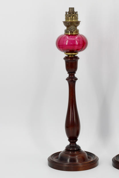 Imperial Russian Red-Font Mahogany Peg Lamp Pair