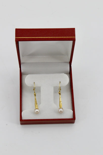 Antique Floral-Filigree Pearl Drop Earrings, 9K Gold