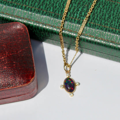 Black Opal Cabochon & Diamond Pendant, 2.12 Carats 14K Gold
