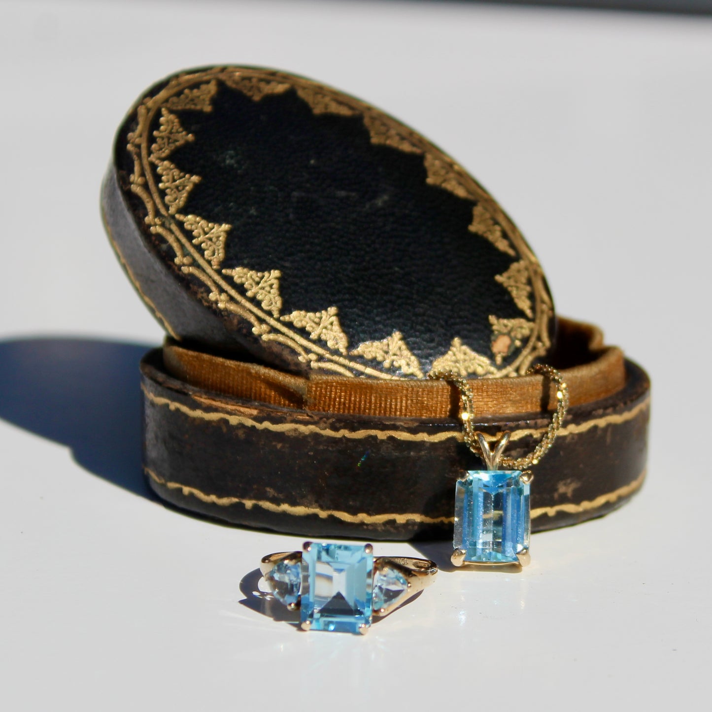 Emerald-Cut Blue Topaz Set w/ Aquamarine, 9.1 Carats 10K & 14K Gold