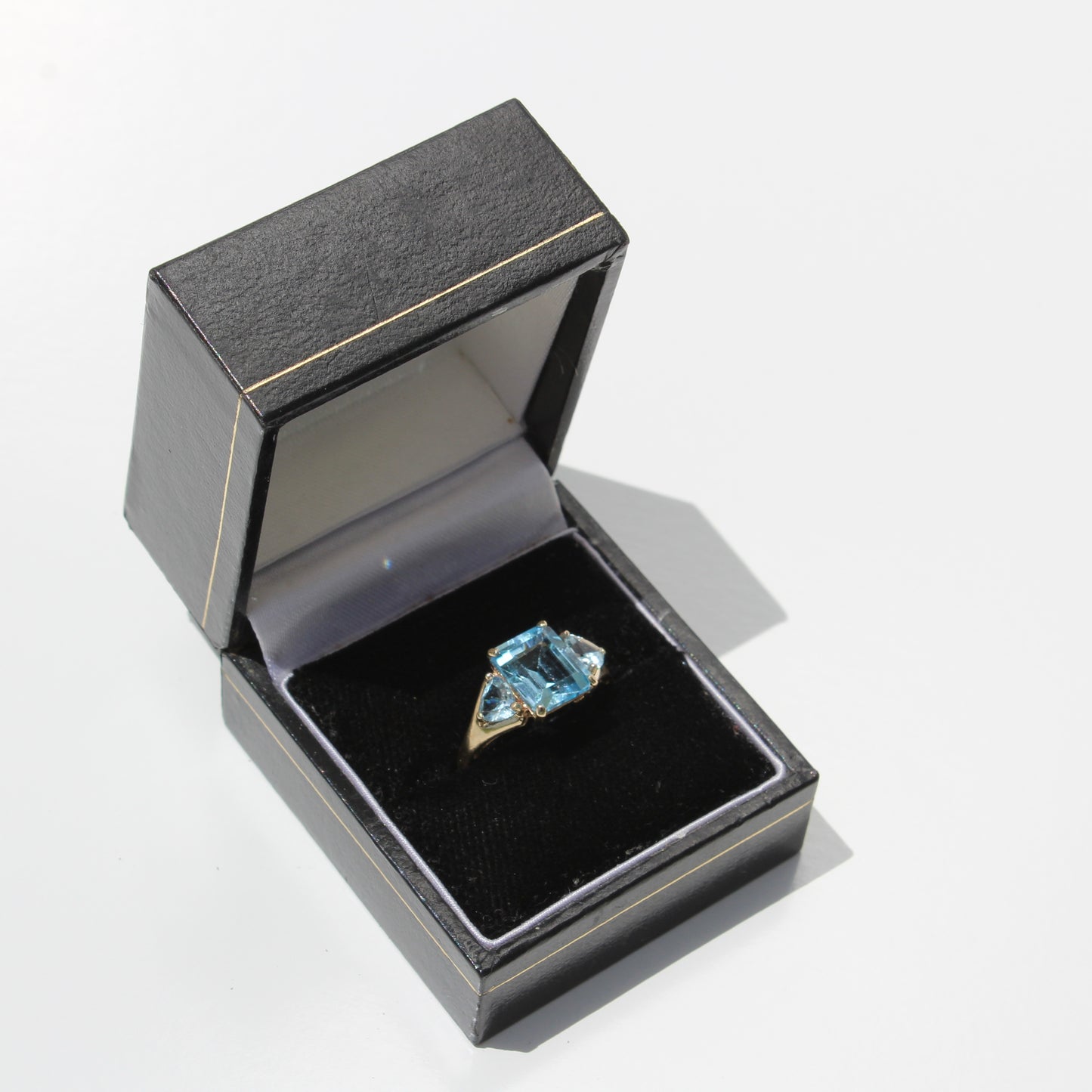 Blue Topaz & Aquamarine Trilogy Ring, 4.77 Carats 9K Gold