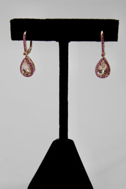 Morganite & Pink Sapphire Drop Earrings, 3.9 CTW 14K Rose Gold