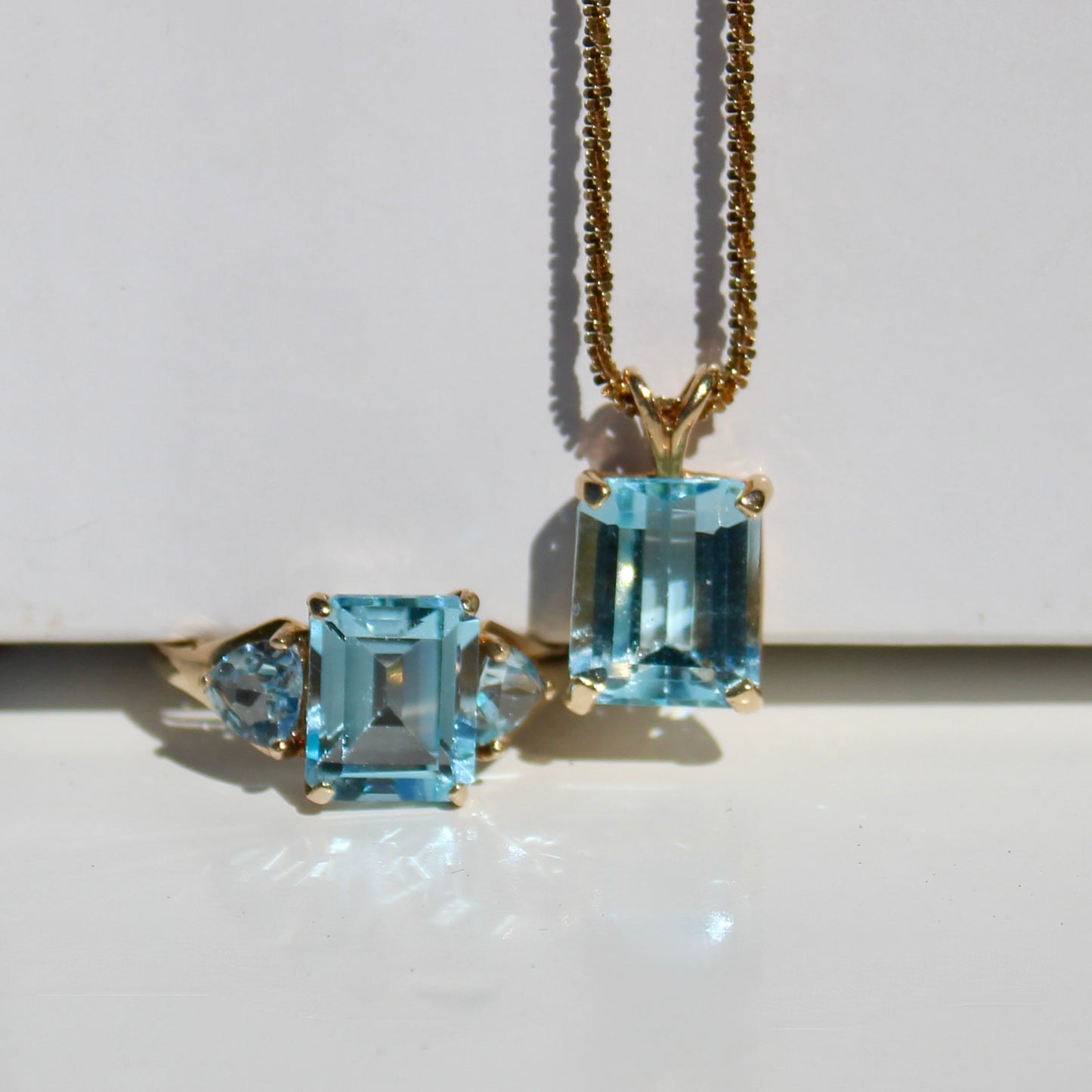 Emerald-Cut Blue Topaz Set w/ Aquamarine, 9.1 Carats 10K & 14K Gold