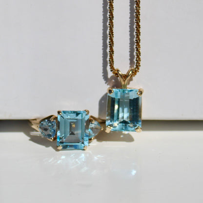 Emerald-Cut Blue Topaz Set w/ Aquamarine, 9.1 Carats 10K & 14K Gold