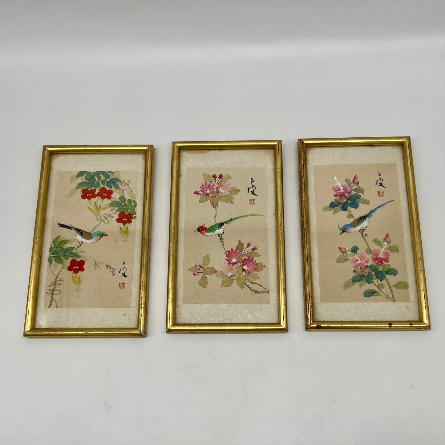 1930's Chinese Hand-painted Silk Birds (Framed Set of 3)