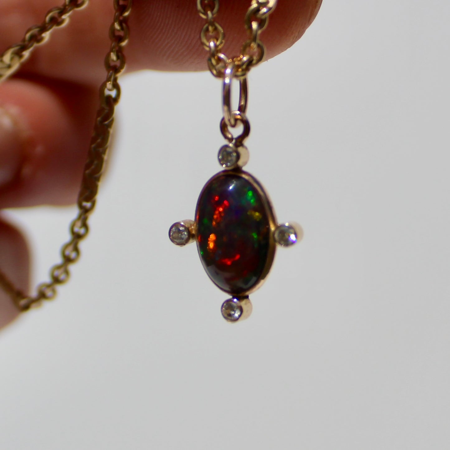 Black Opal Cabochon & Diamond Pendant, 2.12 Carats 14K Gold