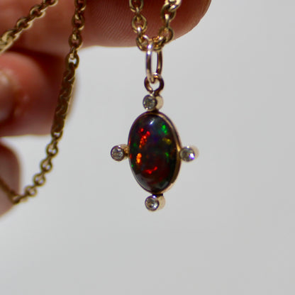 Black Opal Cabochon & Diamond Pendant, 2.12 Carats 14K Gold