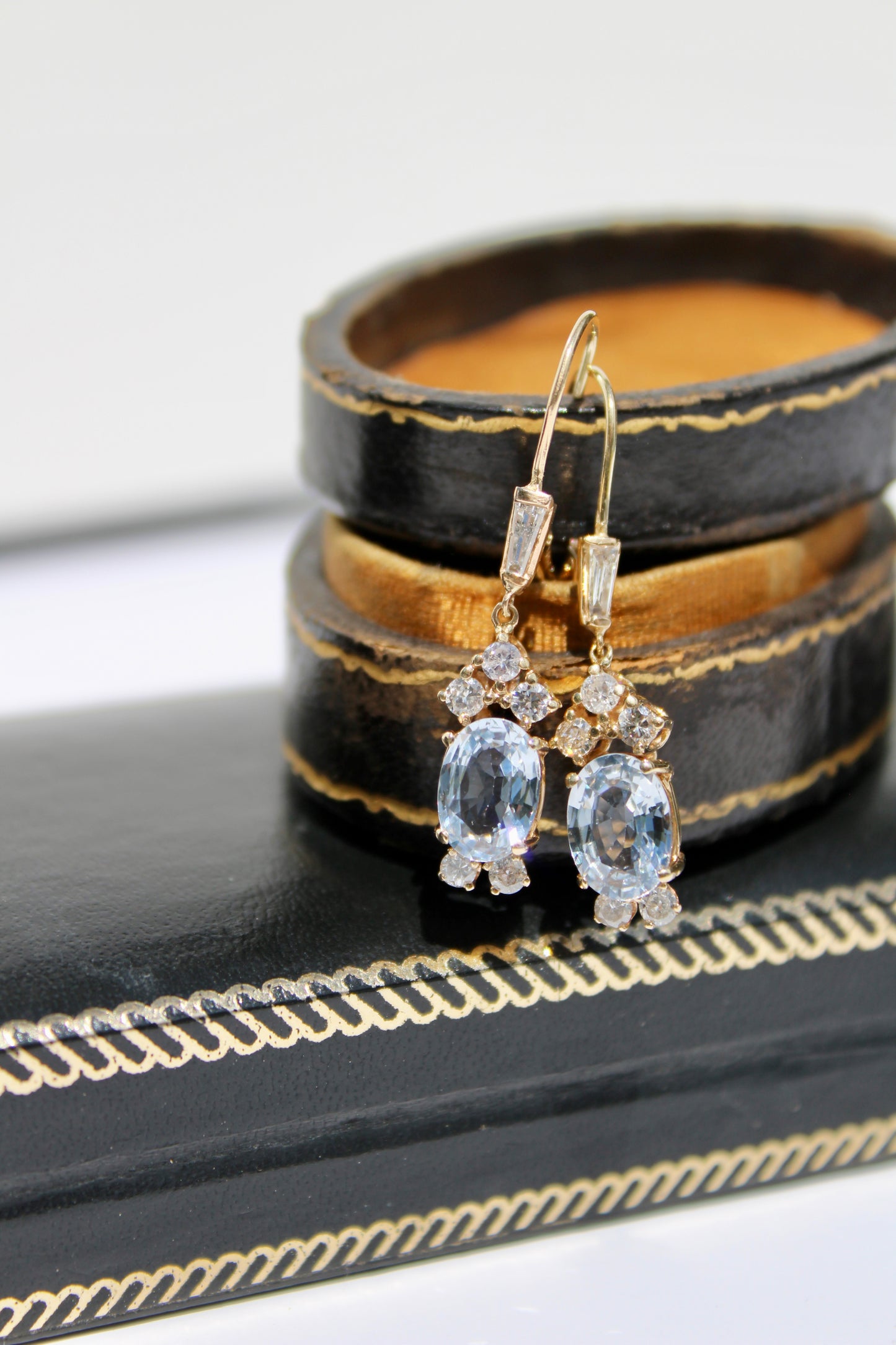 Antique Aquamarine & Diamond Drop Earrings, 3.78 Carats 14K Gold