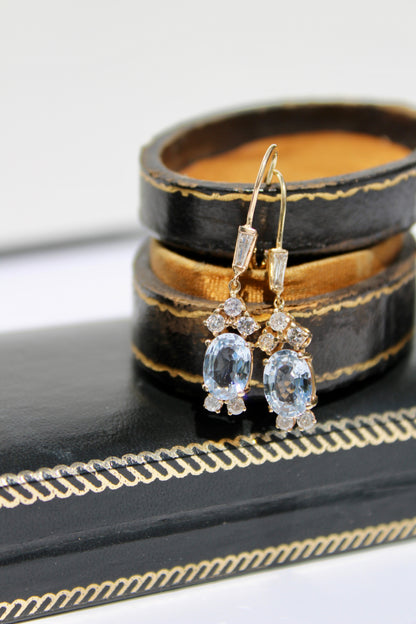 Antique Aquamarine & Diamond Drop Earrings, 3.78 Carats 14K Gold