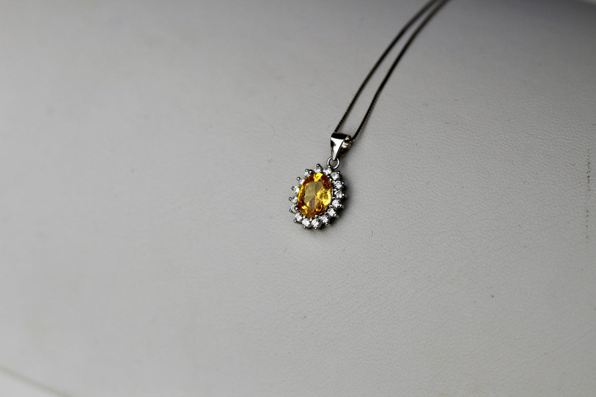 Citrine & White Sapphire Halo Pendant Necklace, 1 Carat 925 Sterling Silver