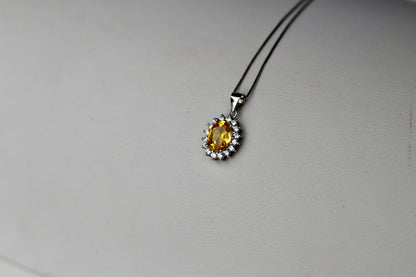 Citrine & White Sapphire Halo Pendant Necklace, 1 Carat 925 Sterling Silver