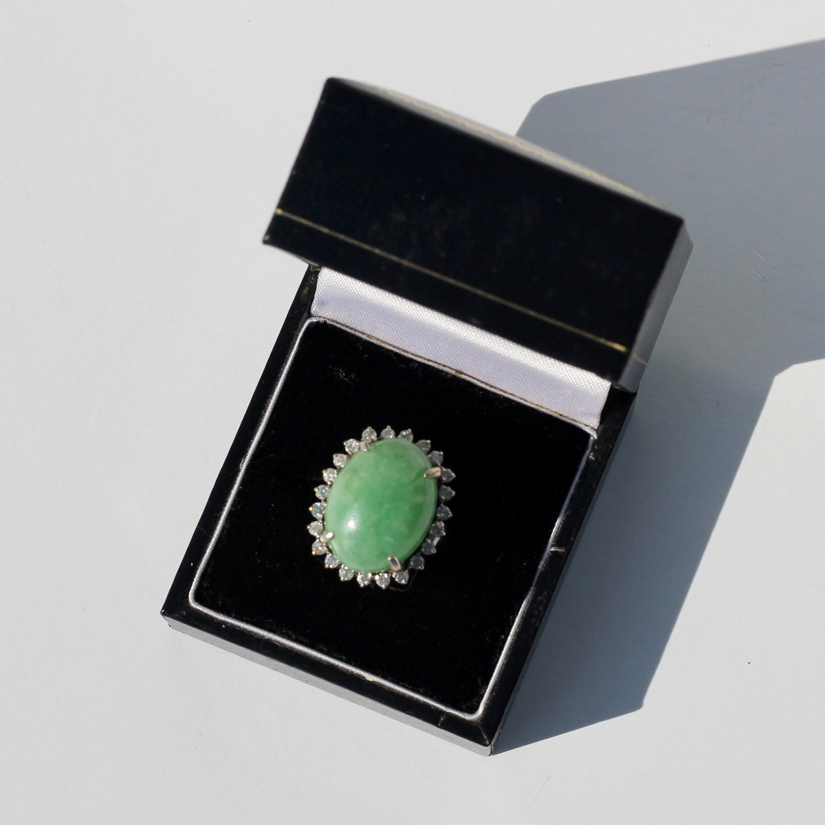 Jade Cabochon & Diamond Halo Ring, 14.13 Carats 14K Gold