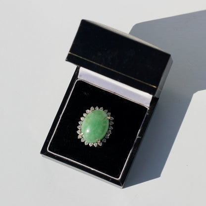 Jade Cabochon & Diamond Halo Ring, 14.13 Carats 14K Gold