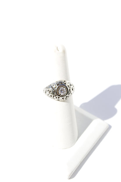 Art Deco Old European Cut Diamond Filigree Ring, 0.646 Carats 18K White Gold