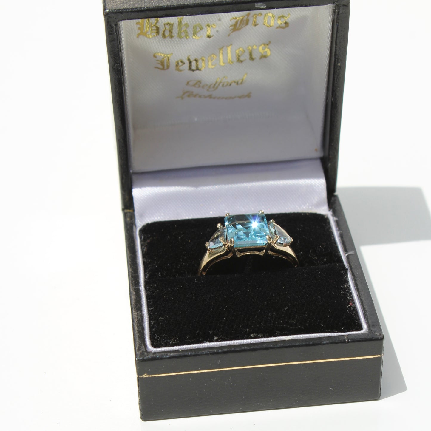 Blue Topaz & Aquamarine Trilogy Ring, 4.77 Carats 9K Gold