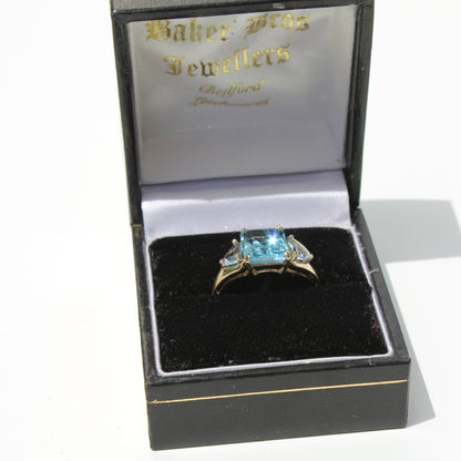 Blue Topaz & Aquamarine Trilogy Ring, 4.77 Carats 9K Gold