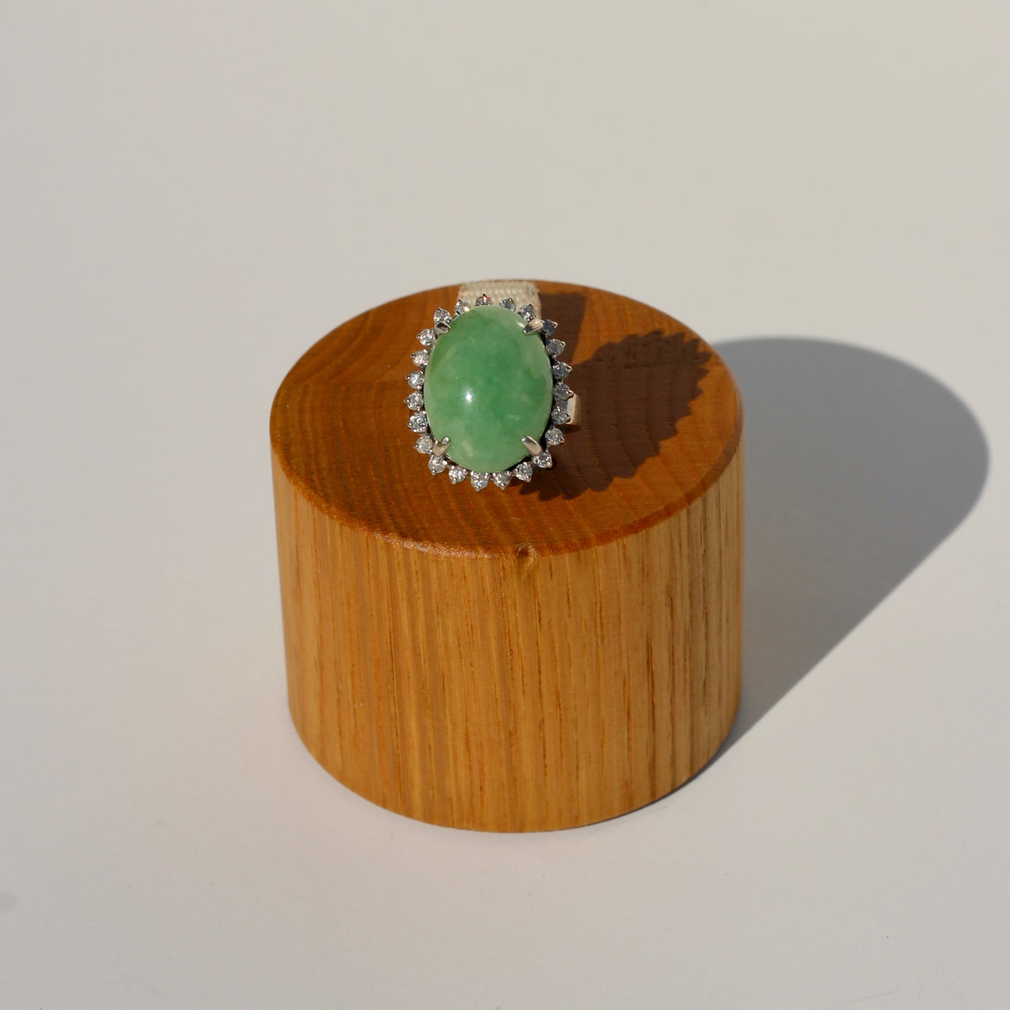 Jade Cabochon & Diamond Halo Ring, 14.13 Carats 14K Gold