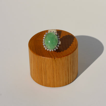 Jade Cabochon & Diamond Halo Ring, 14.13 Carats 14K Gold
