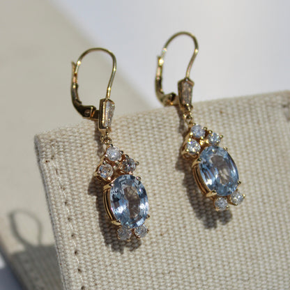 Antique Aquamarine & Diamond Drop Earrings, 3.78 Carats 14K Gold