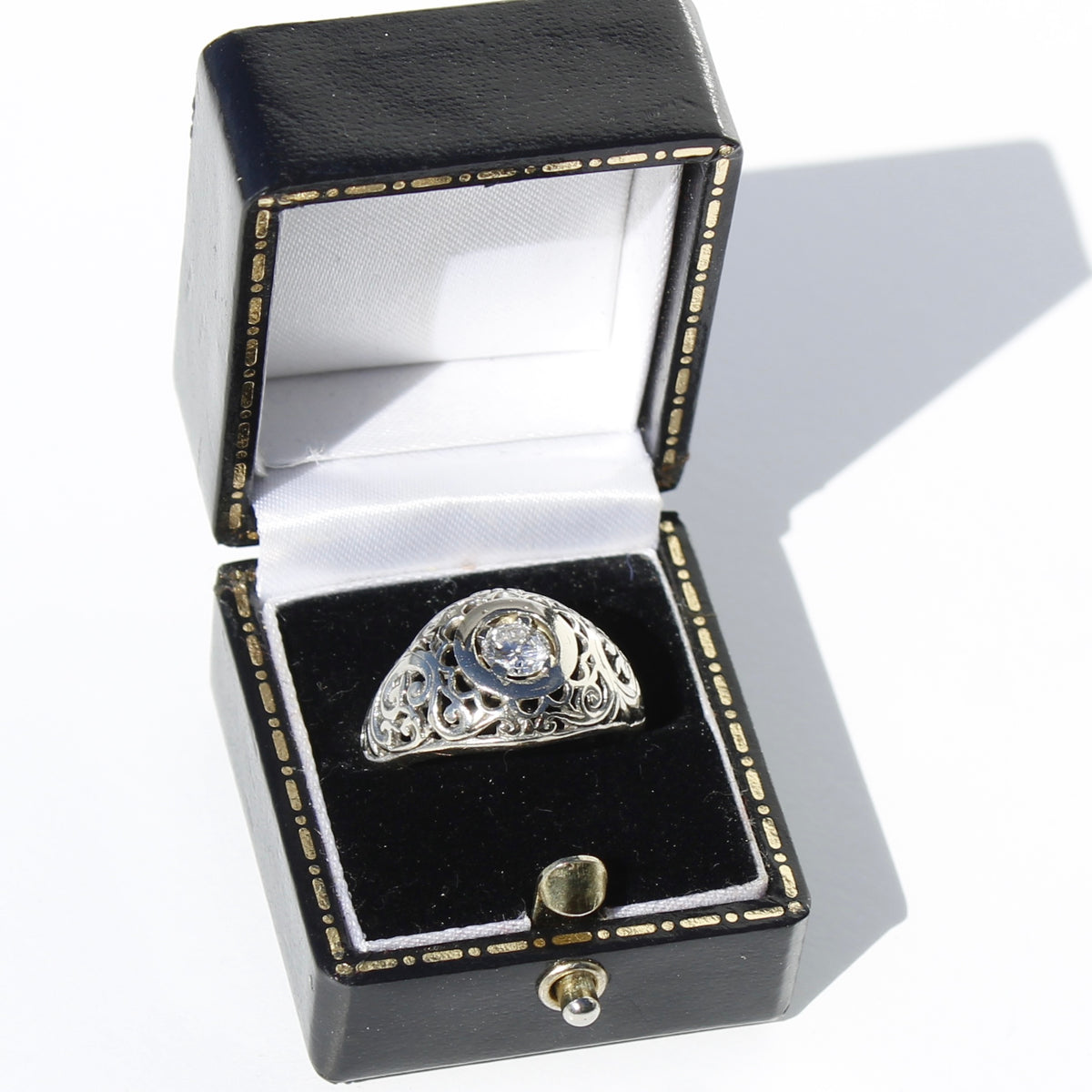 Art Deco Old European Cut Diamond Filigree Ring, 0.646 Carats 18K White Gold