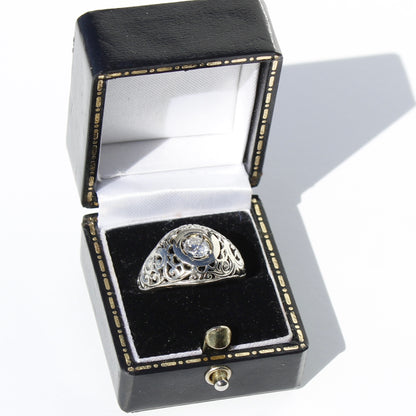 Art Deco Old European Cut Diamond Filigree Ring, 0.646 Carats 18K White Gold