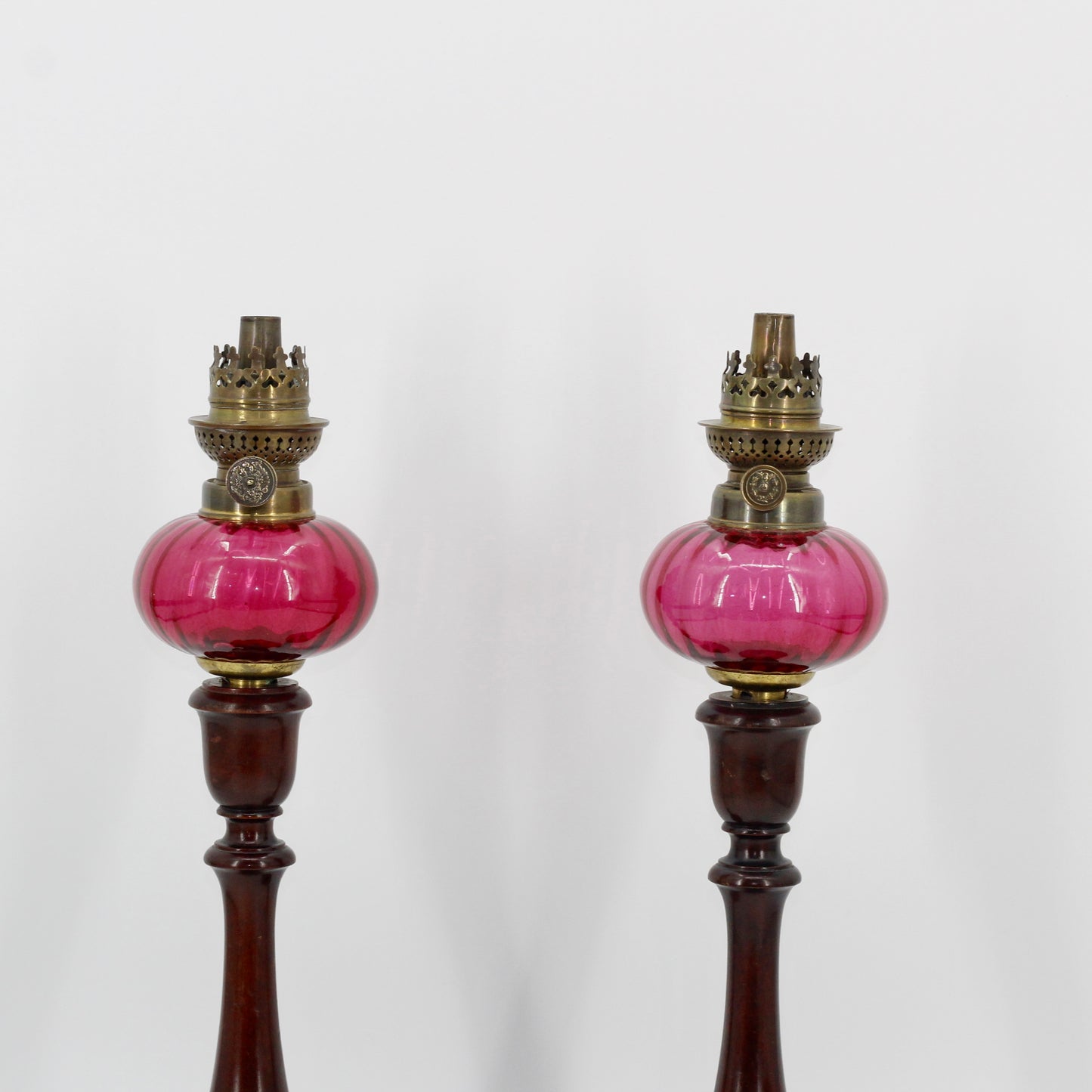 Imperial Russian Red-Font Mahogany Peg Lamp Pair