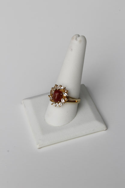 Antique Opalescent Amber Cabochon & Spinel Ring- 2 Carats 9K Gold
