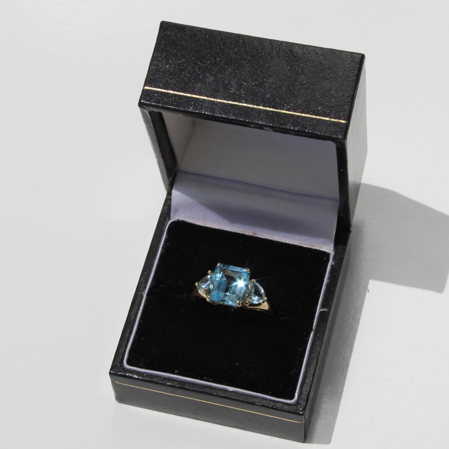 Blue Topaz & Aquamarine Trilogy Ring, 4.77 Carats 9K Gold