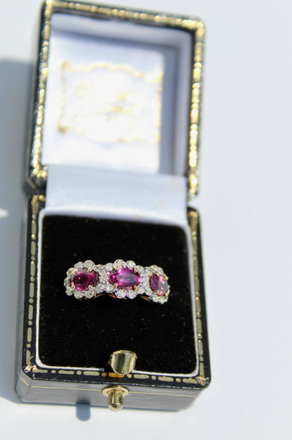 Rhodolite & Diamond Trilogy Halo Ring, 1.98 Carats 14K Two-Toned Gold