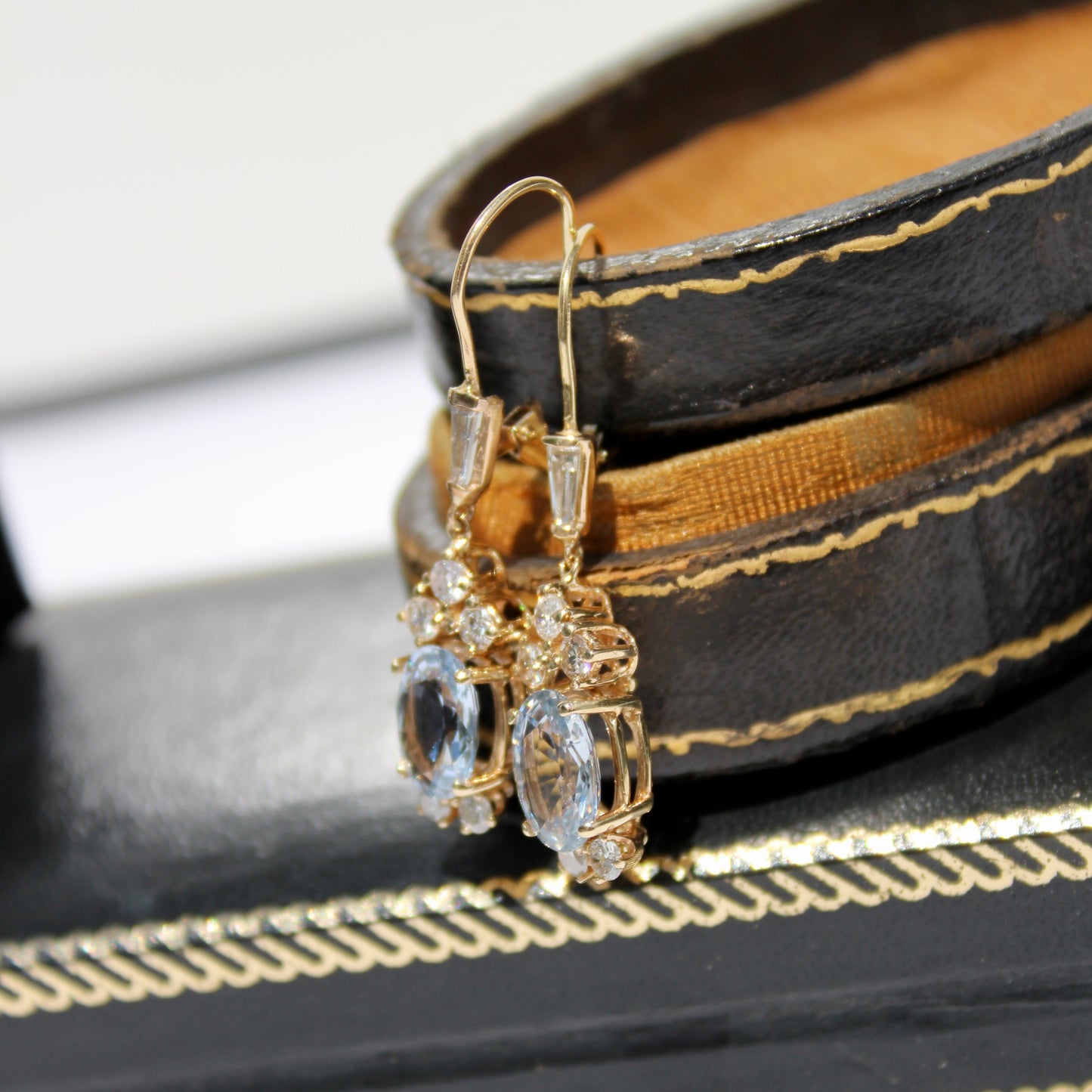Antique Aquamarine & Diamond Drop Earrings, 3.78 Carats 14K Gold