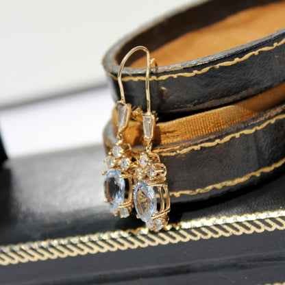 Antique Aquamarine & Diamond Drop Earrings, 3.78 Carats 14K Gold