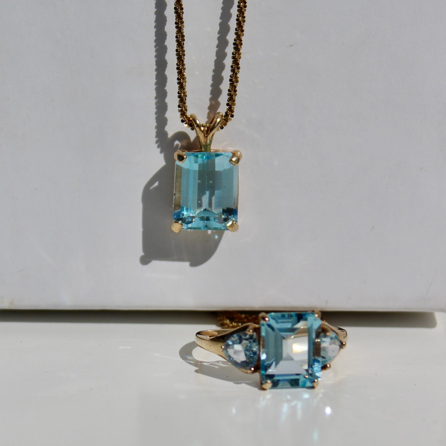 Emerald-Cut Blue Topaz Set w/ Aquamarine, 9.1 Carats 10K & 14K Gold