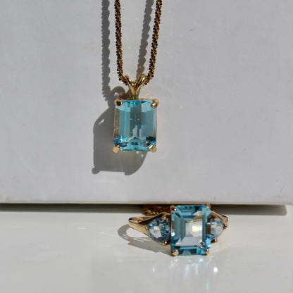 Emerald-Cut Blue Topaz Set w/ Aquamarine, 9.1 Carats 10K & 14K Gold
