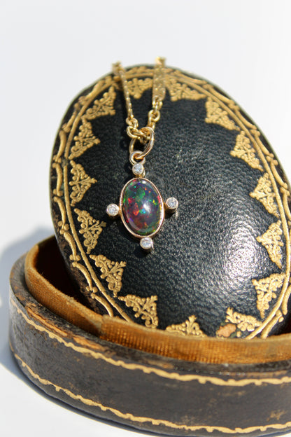 Black Opal Cabochon & Diamond Pendant, 2.12 Carats 14K Gold
