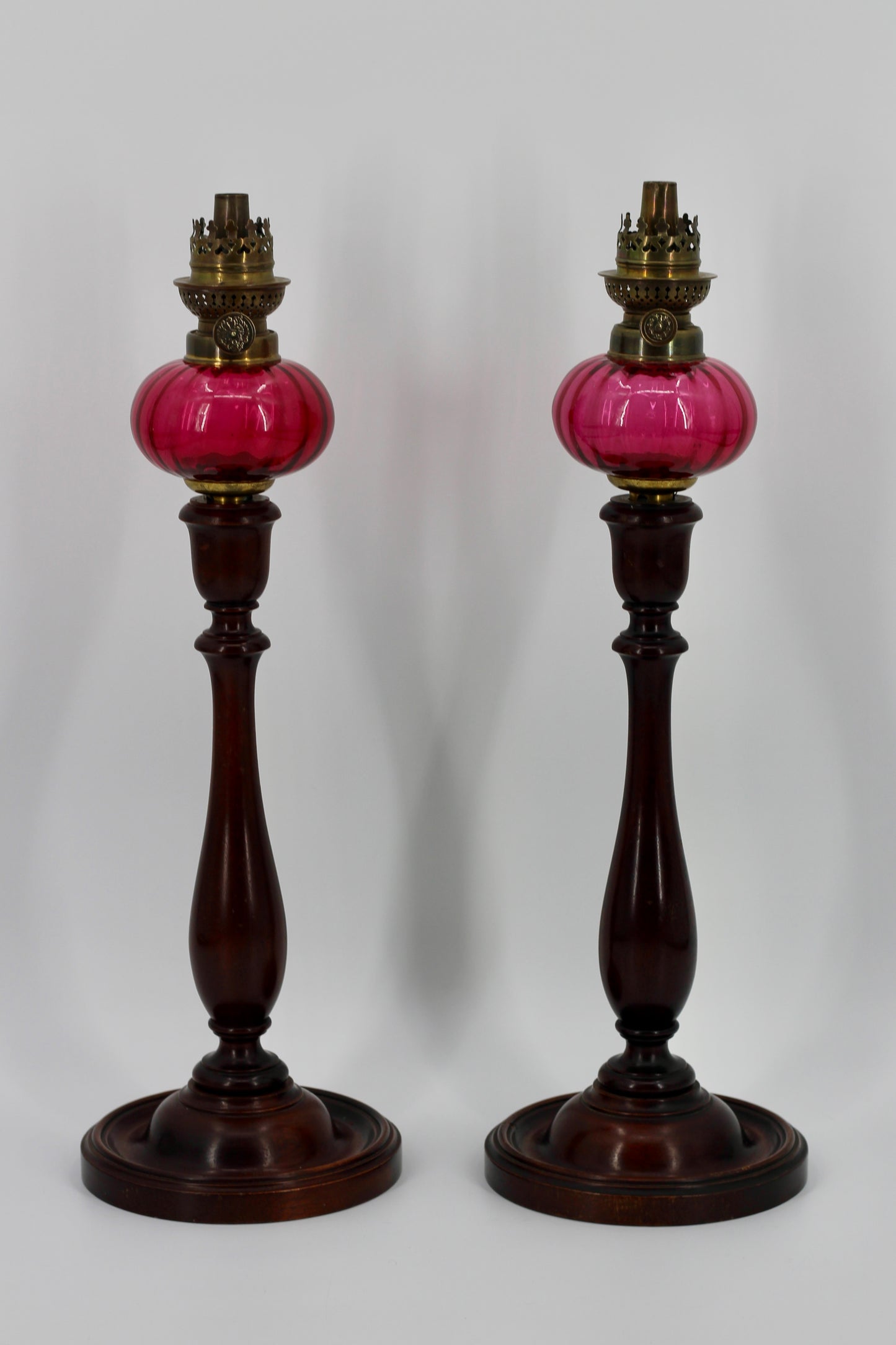 Imperial Russian Red-Font Mahogany Peg Lamp Pair