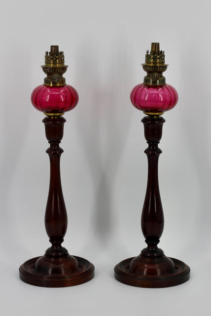 Imperial Russian Red-Font Mahogany Peg Lamp Pair