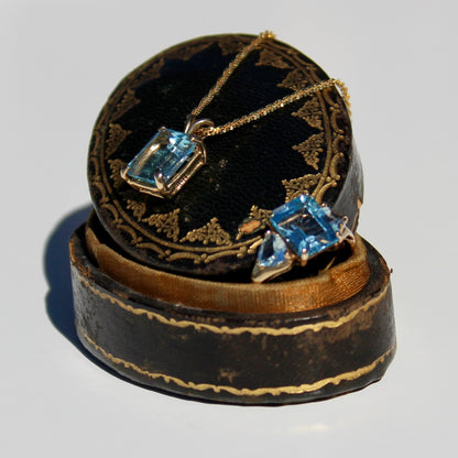 Emerald-Cut Blue Topaz Set w/ Aquamarine, 9.1 Carats 10K & 14K Gold
