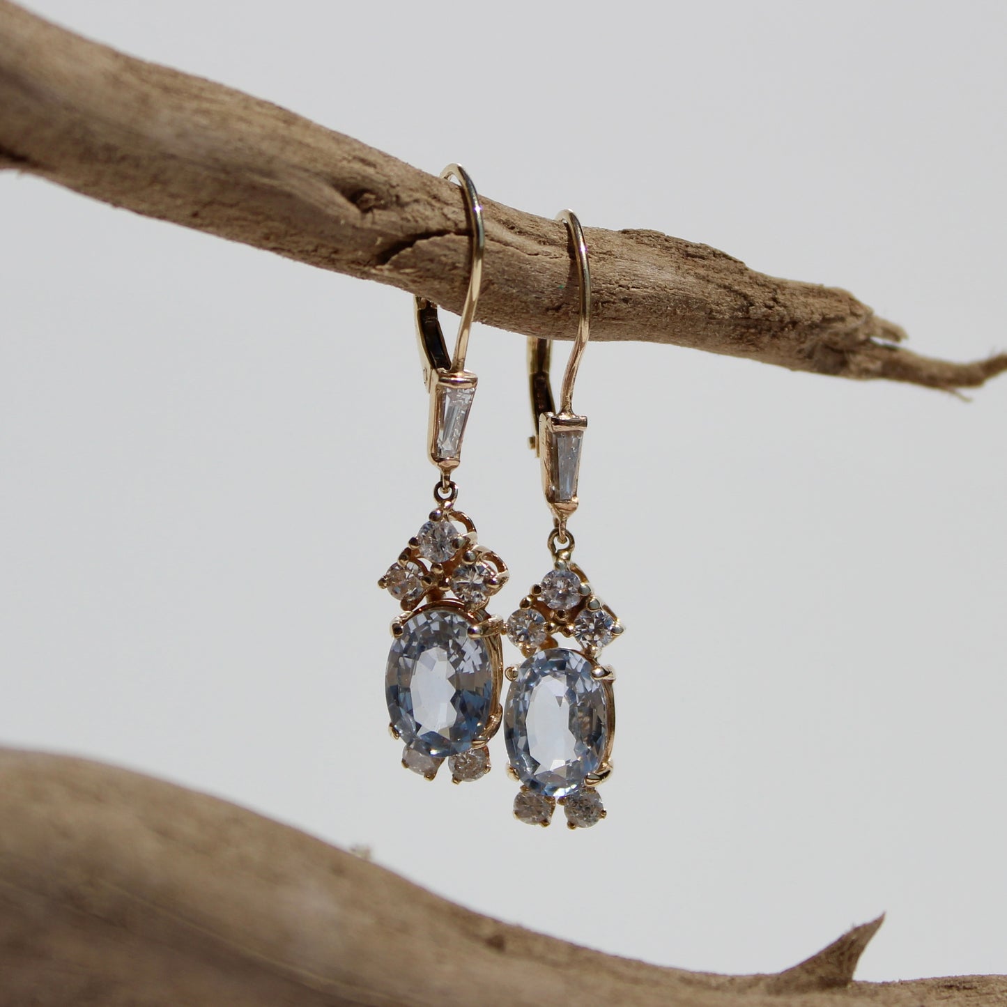 Antique Aquamarine & Diamond Drop Earrings, 3.78 Carats 14K Gold
