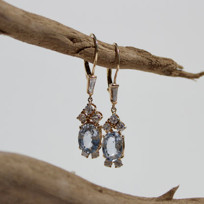 Antique Aquamarine & Diamond Drop Earrings, 3.78 Carats 14K Gold