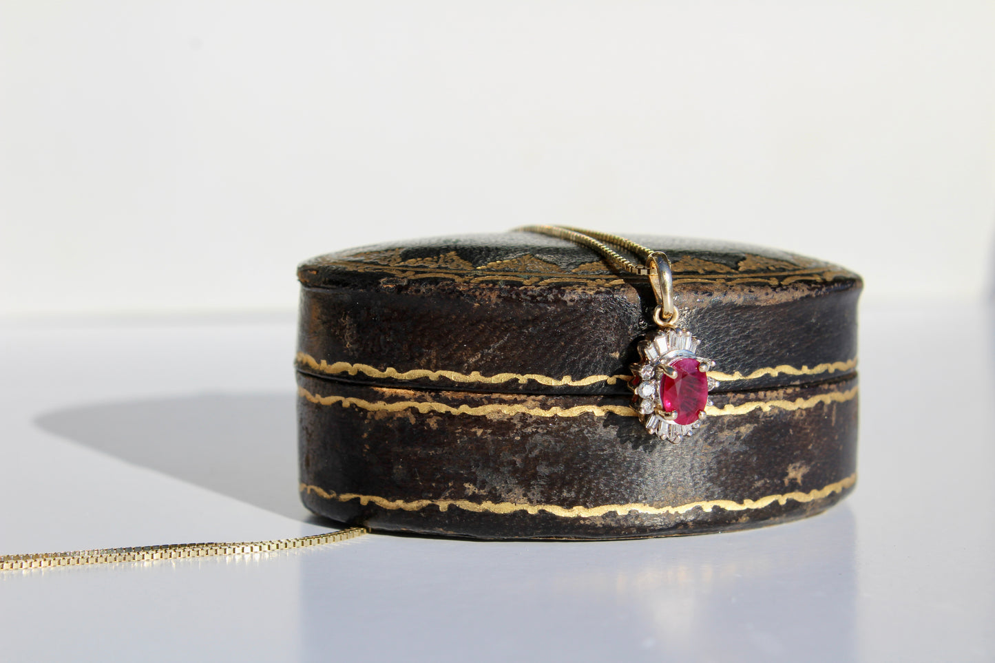 Antique Ruby & Diamond Halo Necklace, 1.53 Carats 14K Gold