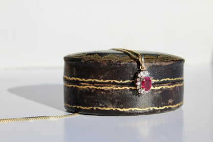 Antique Ruby & Diamond Halo Necklace, 1.53 Carats 14K Gold