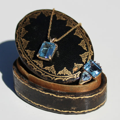 Emerald-Cut Blue Topaz Set w/ Aquamarine, 9.1 Carats 10K & 14K Gold