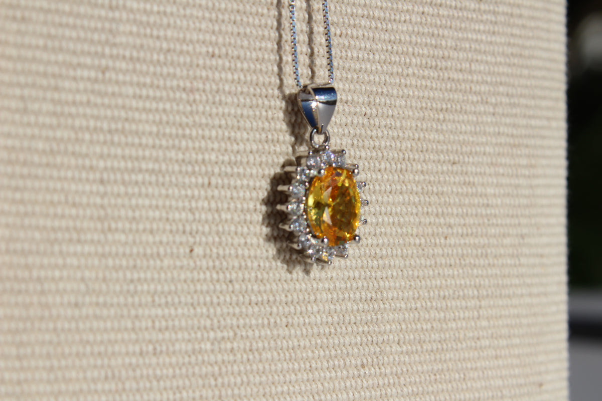 Citrine & White Sapphire Halo Pendant Necklace, 1 Carat 925 Sterling Silver